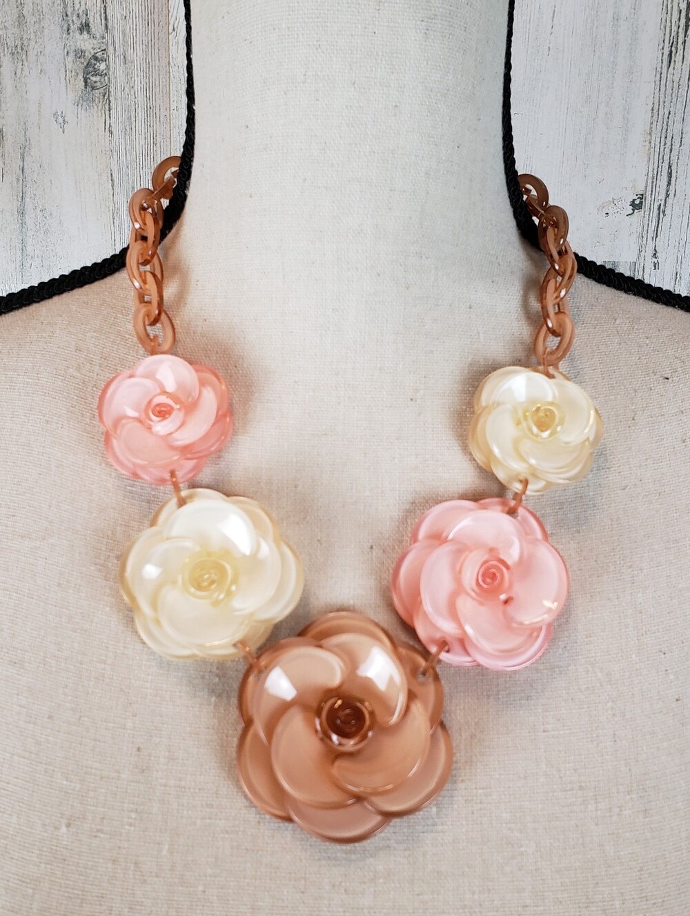 Floral Resin Statement Necklace - Pink, Ivory & Rose Gold